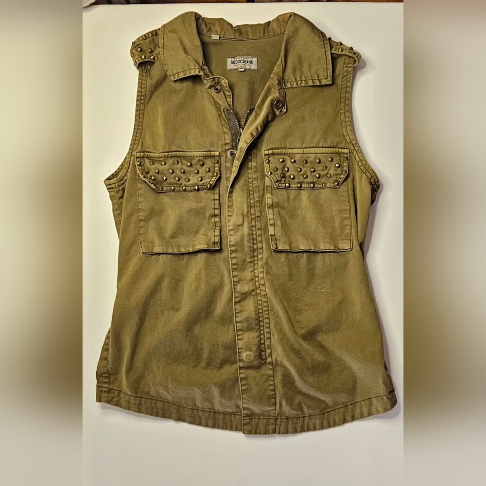 Vintage Guess Studded Military Rocker Grunge Vest Olive Army Green XS